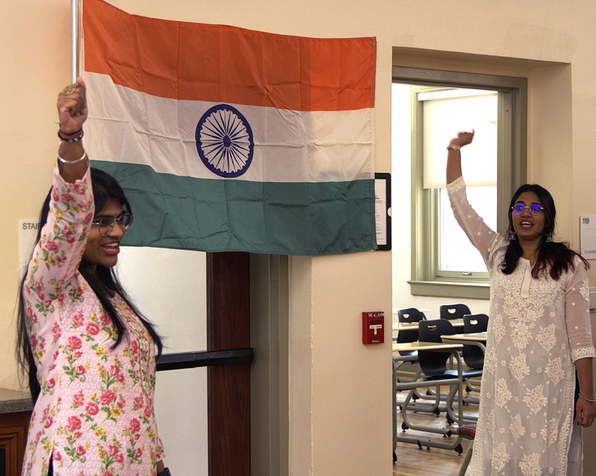 Prerna, the president of The Indian Wildcat Association, and Hritika, the secretary of The Indian Wildcat Association, lead the national anthem during the Indian Republic Day Celebration on Sunday, Jan. 26, 2025, on the University of Kentucky's campus in Lexington, Kentucky. Photo by Mackenzie Walton | Staff