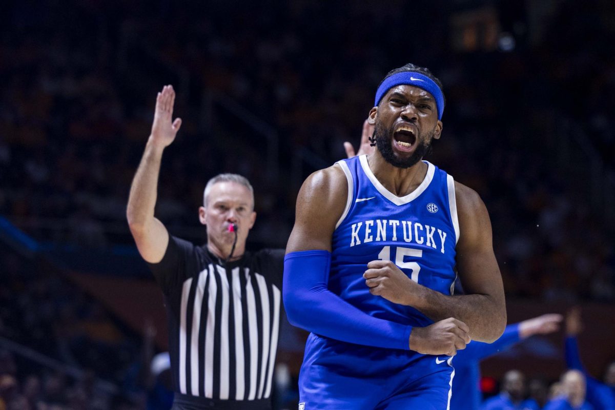 Kentucky Wildcats forward Ansley Almonor (15) screams after making a three-point shot during the first half of the basketball game vs. Tennessee Tuesday, Jan. 28, 2025, at the Thompson–Boling Arena in Knoxville, Tennessee. Photo by Matthew Mueller | Photo Editor