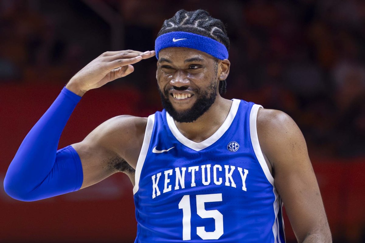 Kentucky Wildcats forward Ansley Almonor (15) celebrates after making a three-point shot during the basketball game vs. Tennessee Tuesday, Jan. 28, 2025, at the Thompson–Boling Arena in Knoxville, Tennessee. Kentucky won 78-73. Photo by Matthew Mueller | Photo Editor