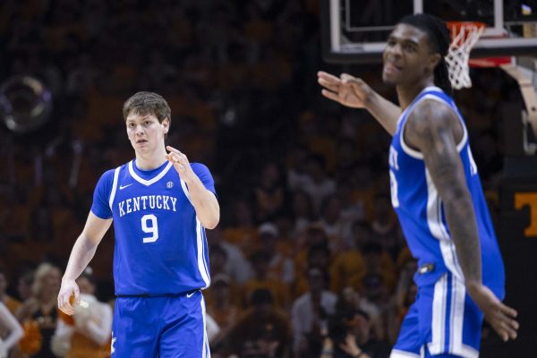 Kentucky Wildcats forward Trent Noah (9) holds three fingers up after hitting a three-pointer during the basketball game vs. Tennessee Tuesday, Jan. 28, 2025, at the Thompson–Boling Arena in Knoxville, Tennessee. Kentucky won 78-73. Photo by Matthew Mueller | Photo Editor