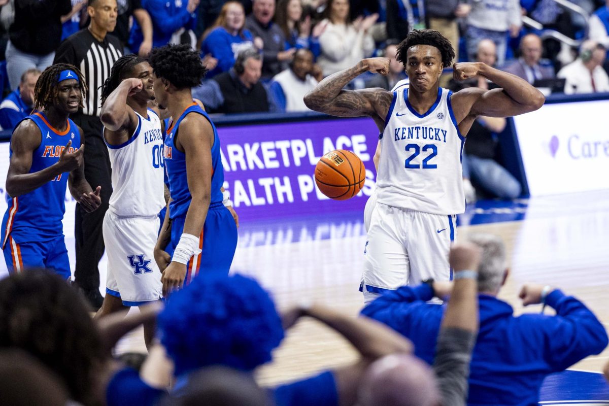 Kentucky Wildcats center Amari Williams (22) celebrates after making an and-one shot while looking over at fans during the basketball game vs. Florida on Saturday, Jan. 4, 2025, at Rupp Arena in Lexington. Kentucky won 106-100. Photo by Matthew Mueller | Photo Editor