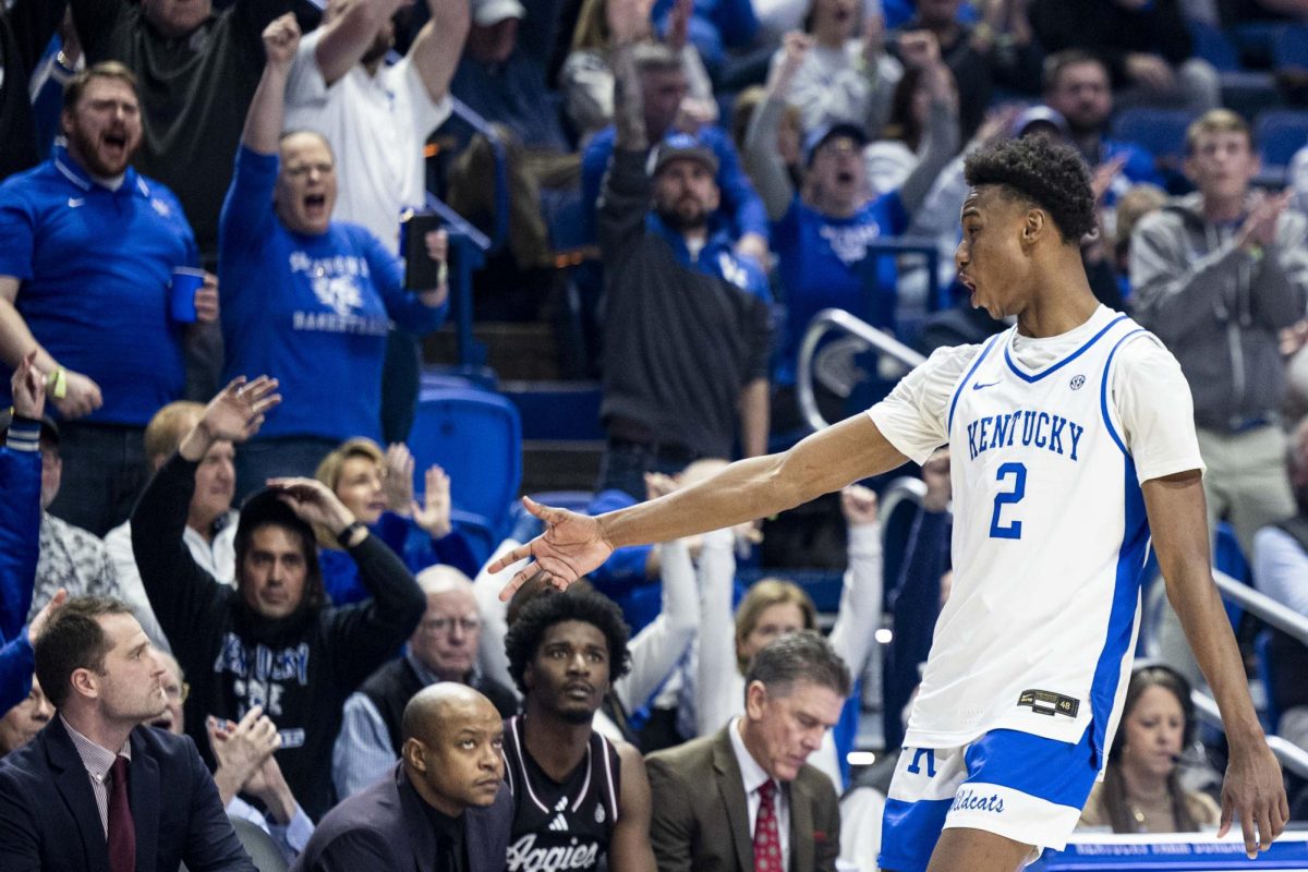 Kentucky Wildcats guard Jaxson Robinson (2) celebrates after making a three-point shot during the basketball game vs. Texas A&M on Tuesday, Jan. 14, 2025, at Rupp Arena in Lexington.  Kentucky won  81-69. Photo by Matthew Mueller | Photo Editor