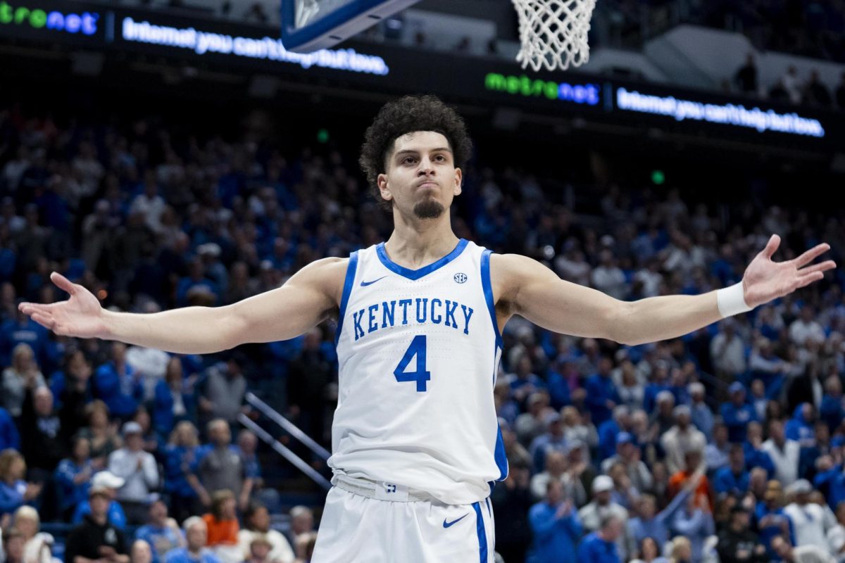 Kentucky Wildcats guard Koby Brea (4) motions to the crowd to get loud during the basketball game vs. Florida on Saturday, Jan. 4, 2025, at Rupp Arena in Lexington, Kentucky. Kentucky won 106-100. Photo by Christian Kantosky | Assistant Photo Editor