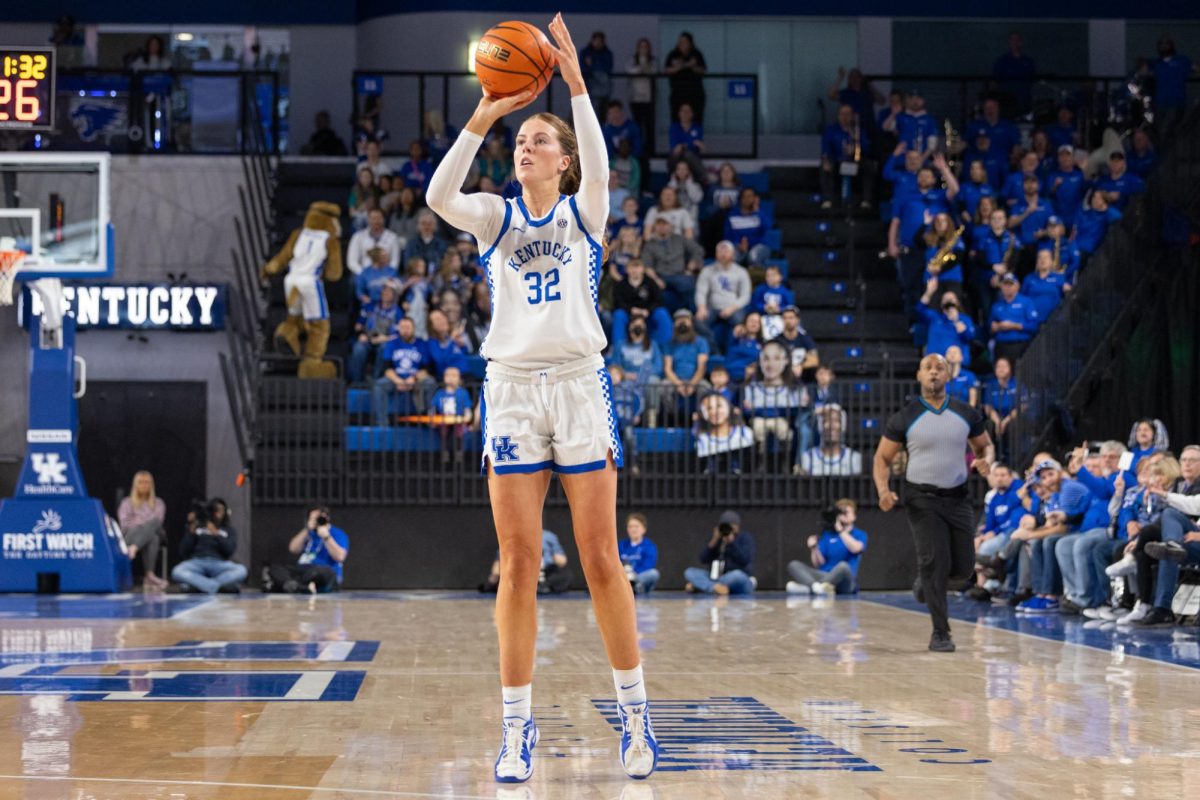 Kentucky Wildcats forward Amelia Hassett shoots a three point shot during the Kentucky vs. Auburn women’s basketball game on Sunday, Jan. 12, 2025, at Historic Memorial Coliseum in Lexington, Kentucky. Kentucky won 80-61. Photo by Sydney Yonker | Staff