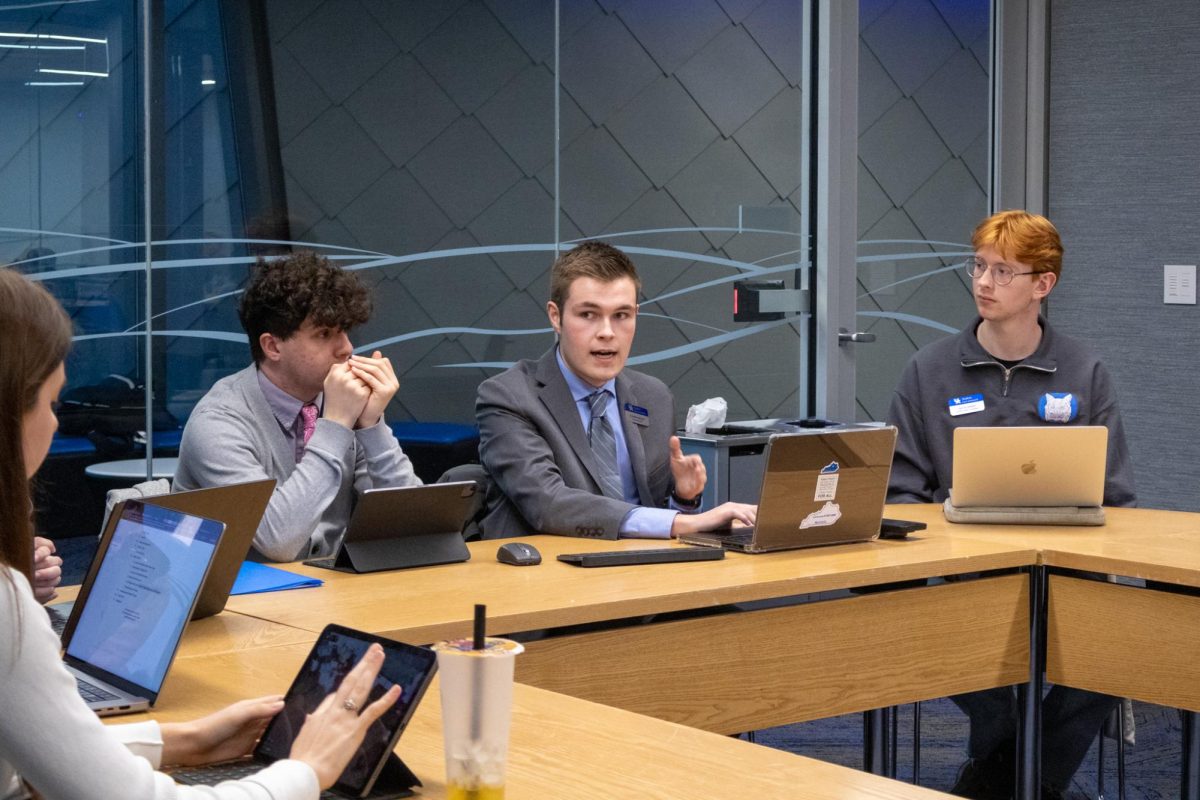 Freshman Senator Conner Brumley speaks to fellow University of Kentucky SGA members during the SGA Safety Alliance Caucus on Thursday, Jan. 16, 2025, at the University of Kentucky Gatton Student Center in Lexington, Kentucky. Photo by Sydney Novack | Staff