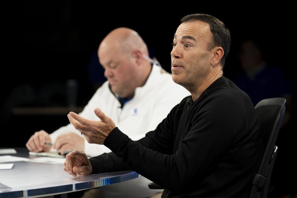 Nick Mingione answers a question asked by a member of the audience on Monday, Jan. 20, 2025, at Central Bank Center in Lexington, Kentucky. Photo by Christian Kantosky | Assistant Photo Editor