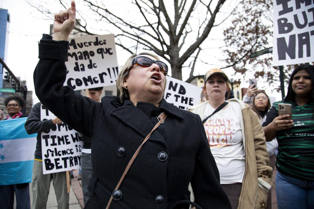 A person rallies the other protestors at the end of the march on Sunday, Jan. 26, 2025, in downtown Lexington, Kentucky. Photo by Christian Kantosky | Assistant Photo Editor