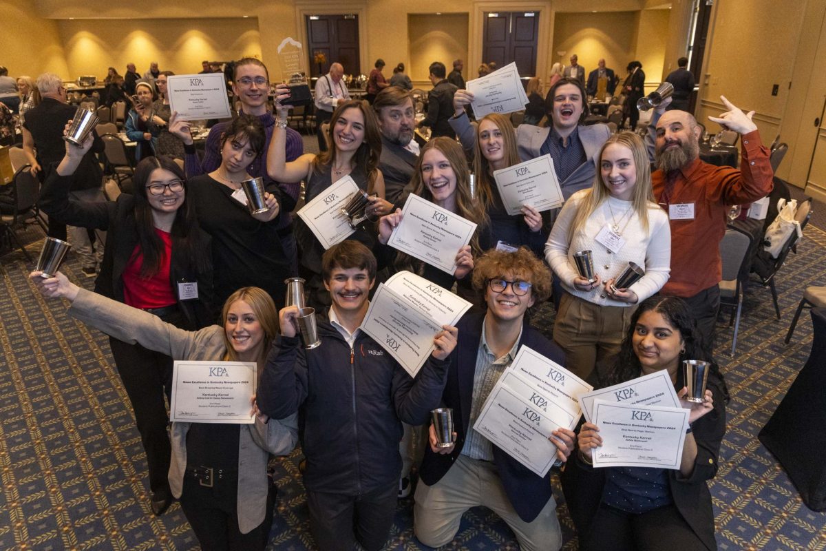 The Kentucky Kernel staff poses with its awards from the Kentucky Press Association News Excellence awards on Friday, Jan. 24, 2025, at the Hyatt Regency in Lexington, Kentucky. Photo by David Stephenson