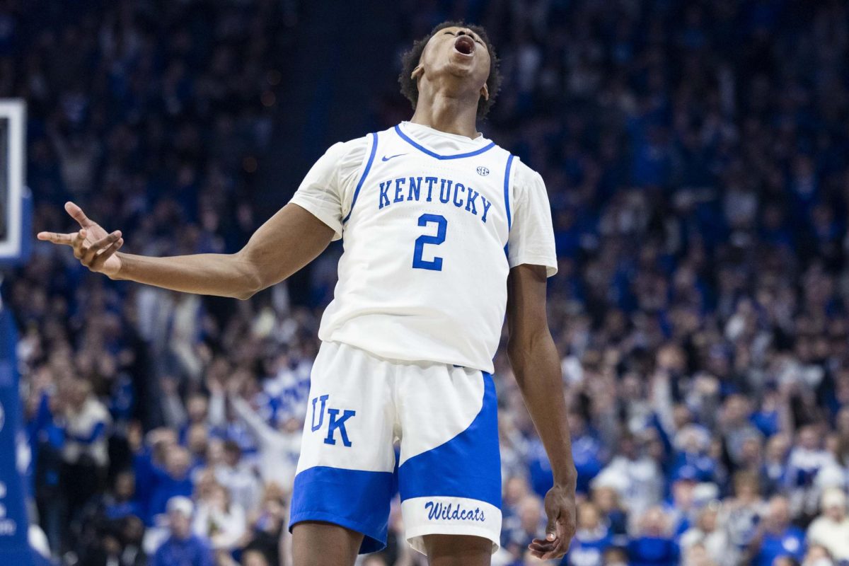 Kentucky Wildcats guard Jaxson Robinson (2) celebrates after making a three-pointer during the basketball game vs. Texas A&M on Tuesday, Jan. 14, 2025, at Rupp Arena in Lexington.  Photo by Matthew Mueller | Photo Editor