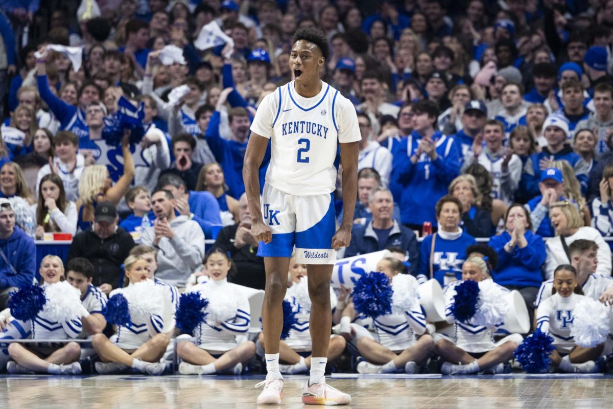 Kentucky Wildcats guard Jaxson Robinson (2) celebrates after making a three-pointer during the basketball game vs. Texas A&M on Tuesday, Jan. 14, 2025, at Rupp Arena in Lexington. Photo by Matthew Mueller | Photo Editor