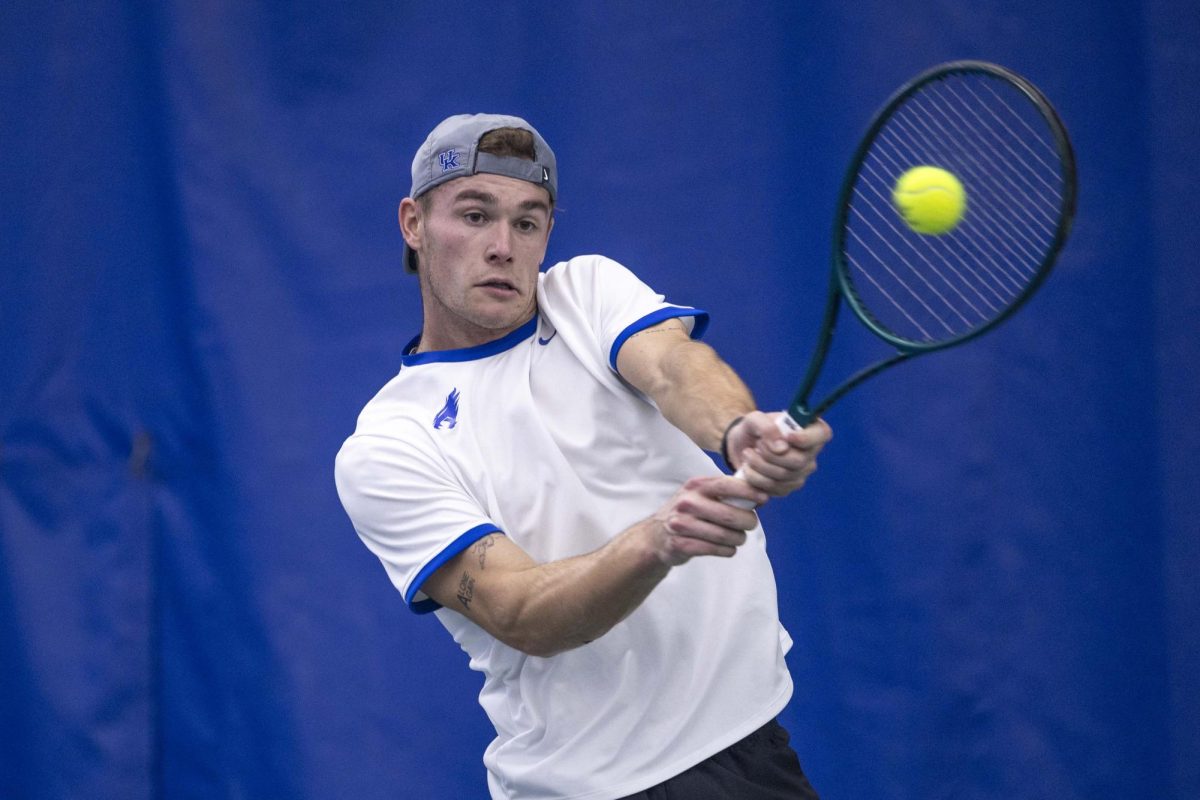 Martin Breysach returns the ball from an opponent’s serve during the tennis match vs. Memphis on Thursday, Jan. 30, 2025, at the Hilary J. Boone Tennis Complex in Lexington, Kentucky. Kentucky won 4-3  Photo by Matthew Mueller | Photo Editor