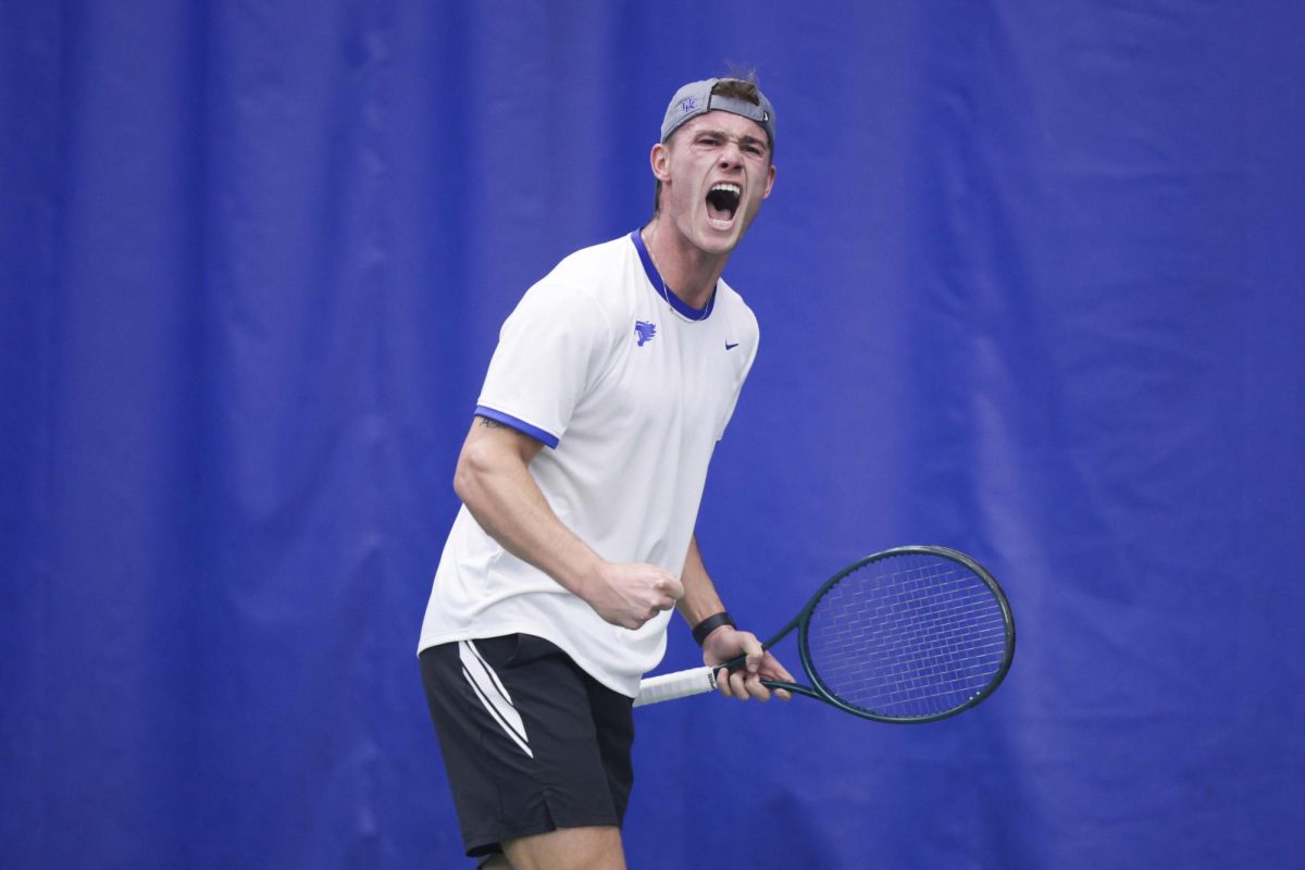 Martin Breysach screams after he scored a point during the tennis match vs. Memphis on Thursday, Jan. 30, 2025, at the Hilary J. Boone Tennis Complex in Lexington, Kentucky. Kentucky won 4-3  Photo by Matthew Mueller | Photo Editor