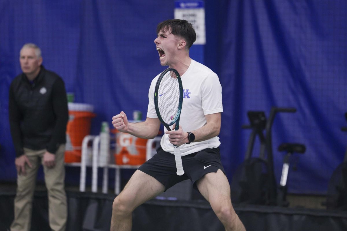 Charlelie Cosnet screams after he won his set during the tennis match vs. Memphis on Thursday, Jan. 30, 2025, at the Hilary J. Boone Tennis Complex in Lexington, Kentucky. Kentucky won 4-3  Photo by Matthew Mueller | Photo Editor