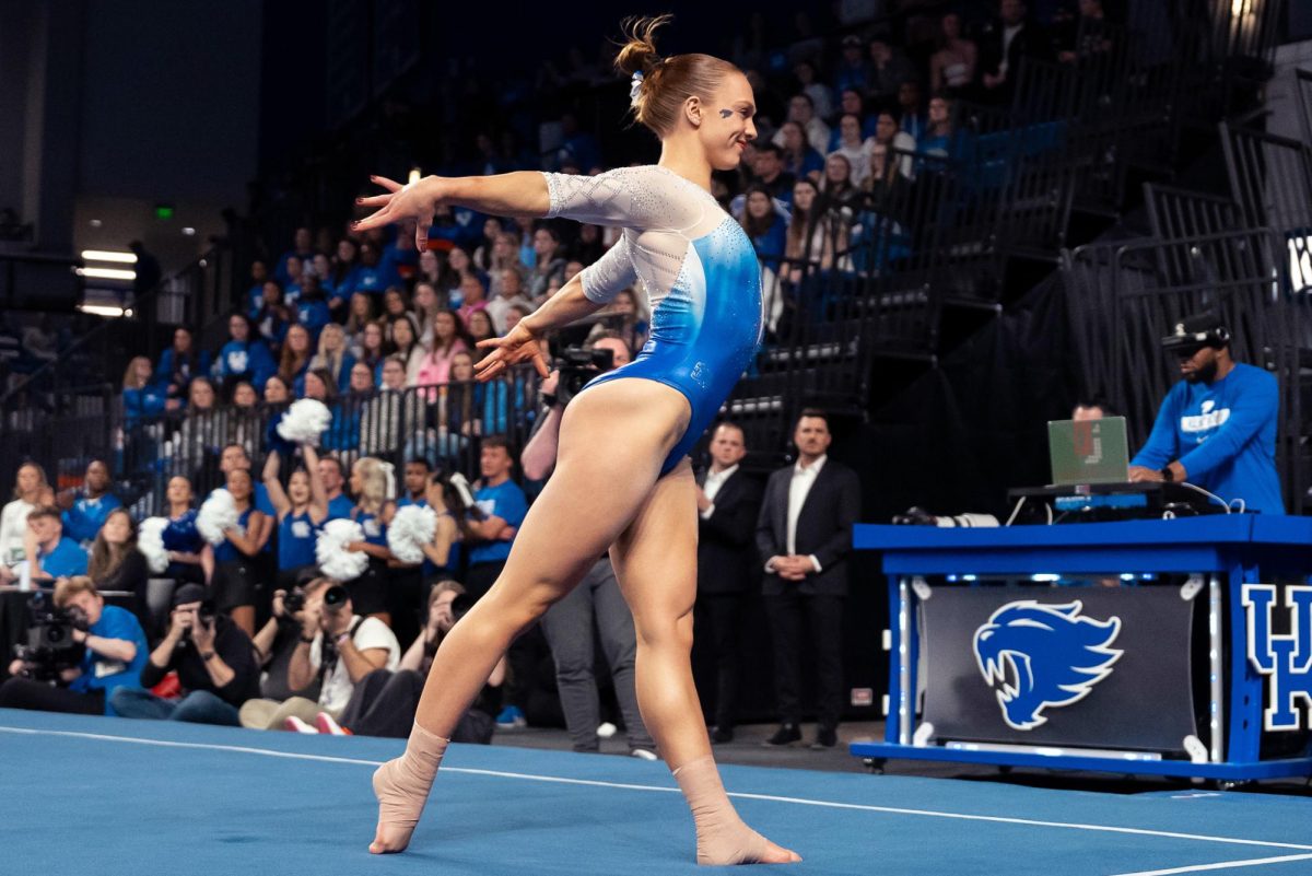 Kentucky Wildcats Gymnast, Jillian Procasky, performs her floor routine during Kentucky vs Alabama gymnastics meet on Friday, Jan. 17, 2025, at Historical Memorial Coliseum in Lexington, Kentucky. Kentucky won. Photo by Jack Stamats | Staff