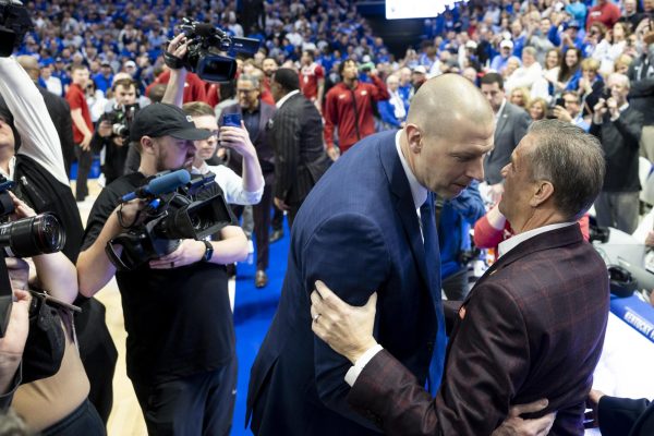 Kentucky Wildcats head coach Mark Pope and Arkansas Razorbacks head coach John Calipari shake hands during the basketball game vs. Arkansas on Saturday, Feb. 1, 2025, at Rupp Arena in Lexington, Kentucky. Kentucky lost 89-79. Photo by Matthew Mueller | Photo Editor