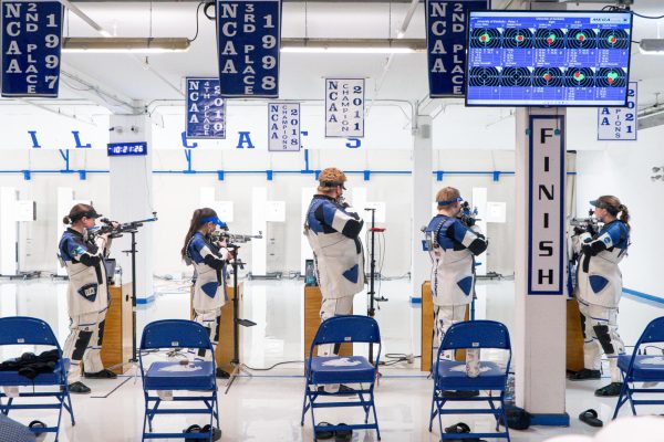The Kentucky Wildcats rifle team aims at their targets during the Kentucky vs. West Virginia rifle match on Saturday, Feb. 8, 2025, at Baker Hall in Lexington, Kentucky. Kentucky lost 4749 to 4716. Photo by Sydney Novack | Staff