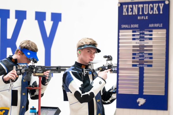 West Virginia sophomore aims at their target during the Kentucky vs. West Virginia rifle match on Saturday, Feb. 8, 2025, at Baker Hall in Lexington, Kentucky. Kentucky lost 4749 to 4716. Photo by Sydney Novack | Staff
