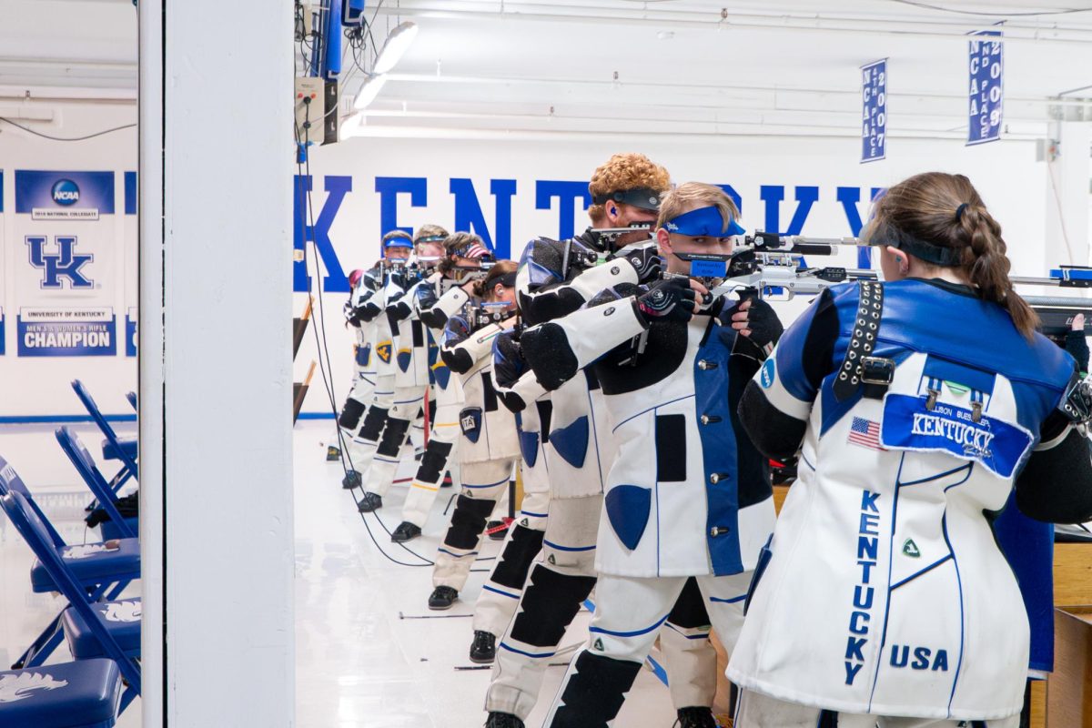 University of Kentucky rifle team members aim at their targets during the Kentucky vs. West Virginia rifle match on Saturday, Feb. 8, 2025, at Baker Hall in Lexington, Kentucky. Kentucky lost 4749 to 4716. Photo by Sydney Novack | Staff