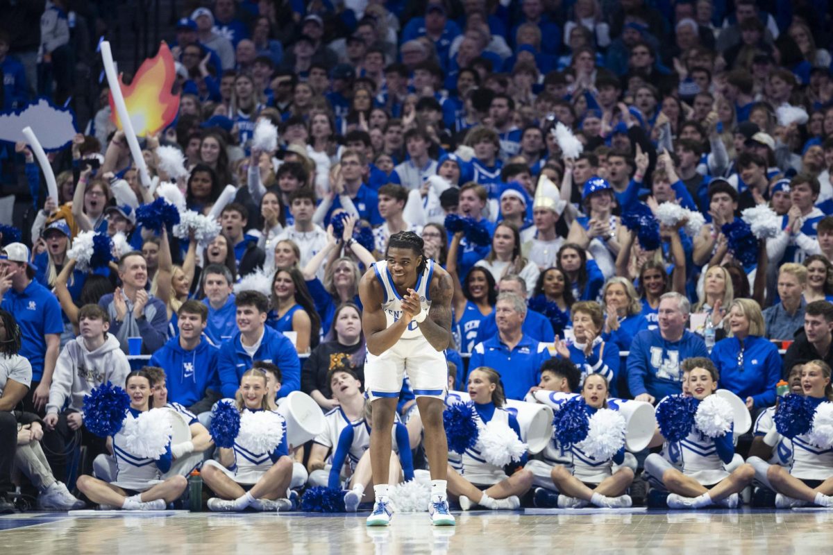 Kentucky Wildcats guard Otega Oweh claps after running back on defense during the basketball game vs. Tennessee on Saturday, Feb. 11, 2025, at Rupp Arena in Lexington, Ky. Kentucky won 75-64. Photo by Matthew Mueller | Kentucky Kernel