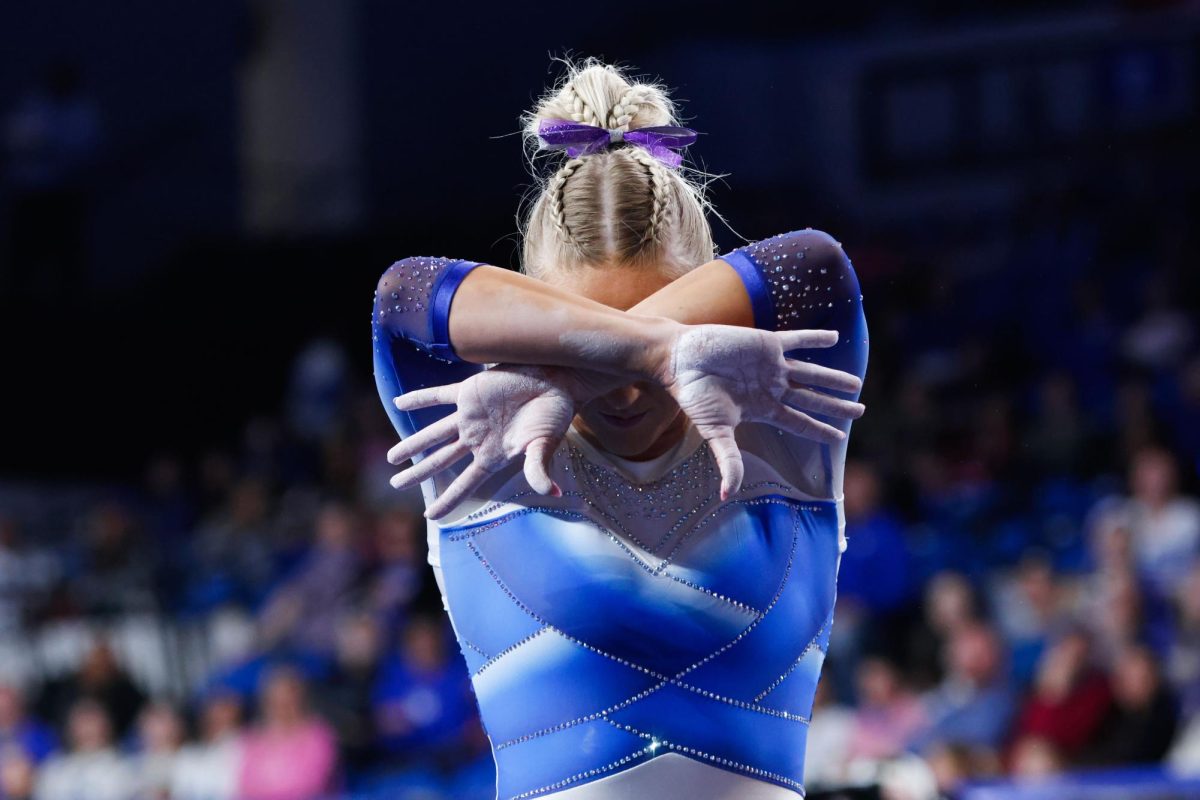 Kentucky Wildcats Haley Davis Beginning her performance on the mat during the gymnastics meet vs. Temple on Friday, Feb. 14, 2025, at Historic Memorial Coliseum in Lexington, Kentucky. Kentucky won 197.175-194.200. Photo by Robby Robinson | Staff