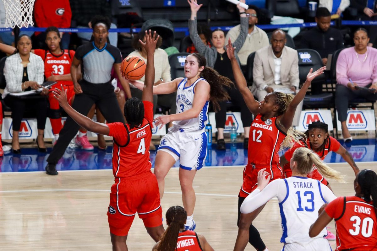 University of Kentucky Wildcats Guard Georgia Amoore (3) shoots the ball during the Kentucky vs Georgia women’s basketball game on Sunday, Feb.16, 2025 at Historic Memorial Coliseum in Lexington, Kentucky. Kentucky won 84-55. Photo by Cara Raiford | Staff