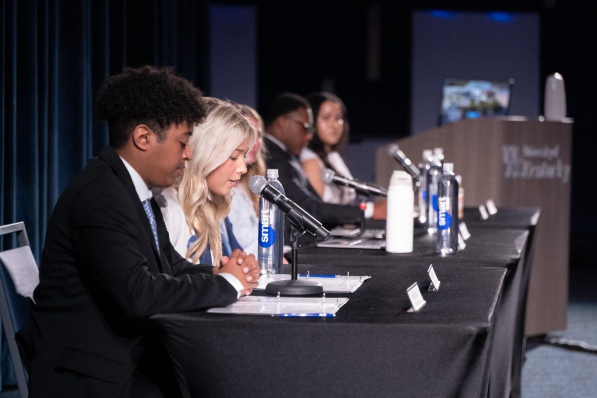 Presidential Candidate Morgan Brooke speaking during the SGA Presidential Debate on Monday, Feb. 17, 2025, at the Worsham Room in the Gatton Student Center. Photo by Dayssia Jones | Staff
