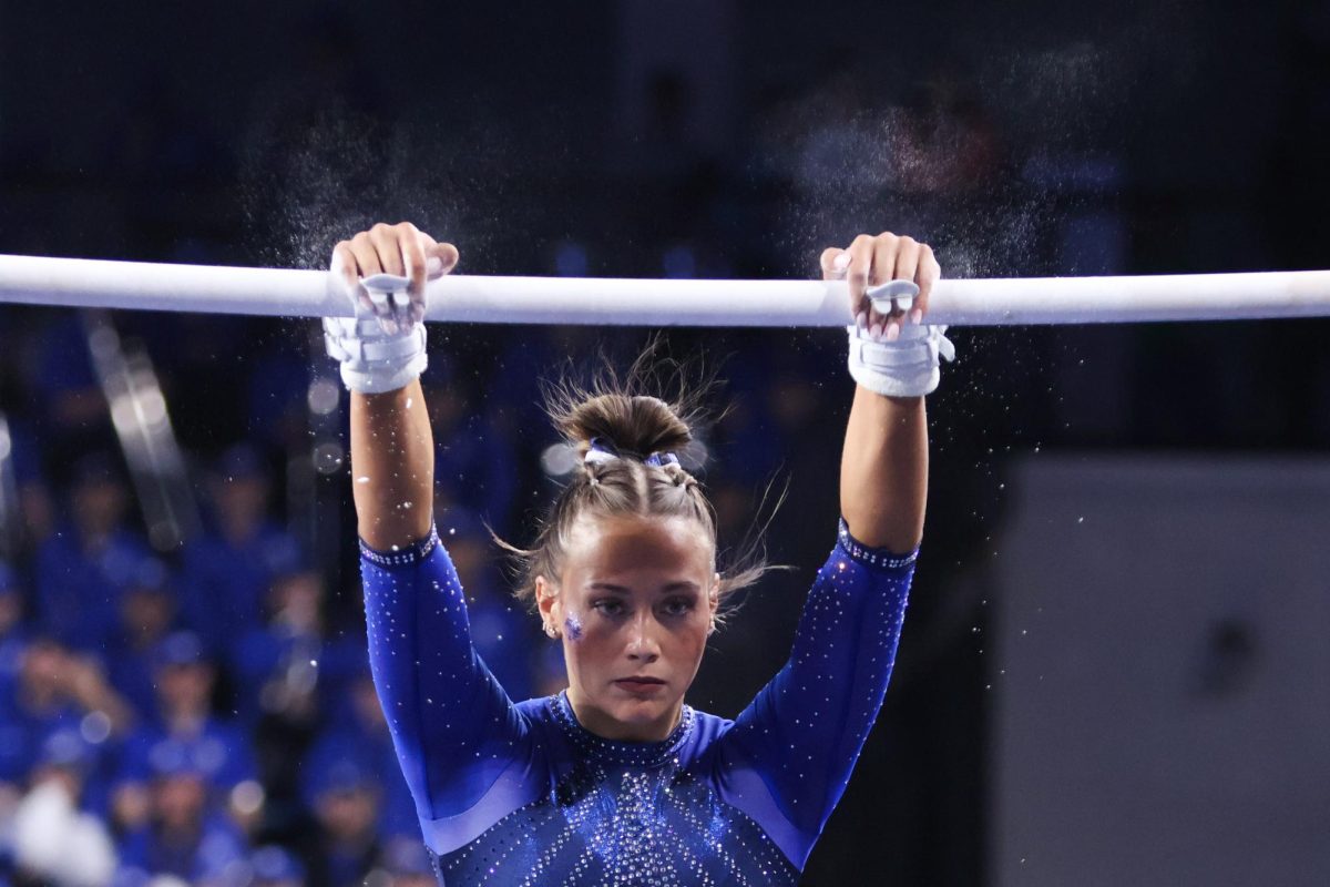 Kentucky Wildcats Delaynee Rodriguez begins her routine on bars during the Kentucky vs LSU woman's gymnastics meet on Friday, Feb. 21, 2025, at Historic Memorial Coliseum in Lexington, Kentucky. Kentucky lost 197.200-197.075. Photos by Robby Robinson | Staff