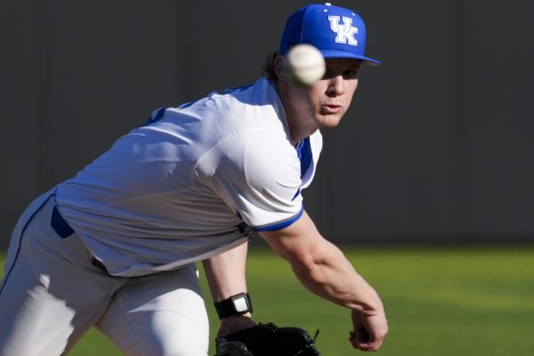 Kentucky utility Nate Harris (36) delivers a pitch to the home plate during the baseball game vs. Evansville on Tuesday, Feb. 25, 2025, at Kentucky Proud Park in Lexington, Kentucky. Kentucky 24-3 Photo by Matthew Mueller | Photo Editor