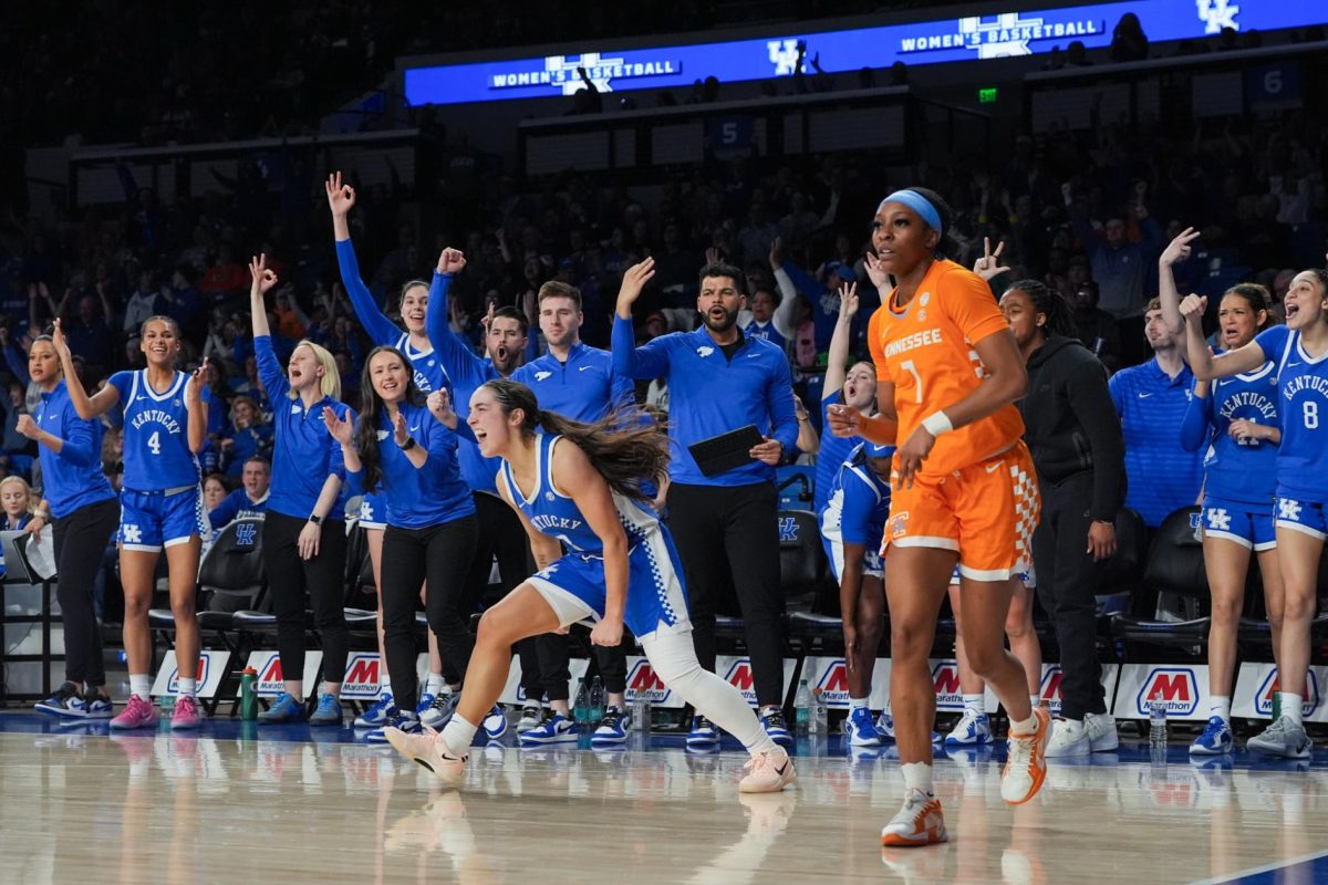 Kentucky Wildcats guard Georgia Amoore (3) celebrates after making a three point shot during the Kentucky vs. Tennessee women's basketball game on Thursday, Feb. 27, 2025, at Historic Memorial Coliseum in Lexington, Kentucky. Kentucky won 82-58. Photo by Sydney Novack | Staff