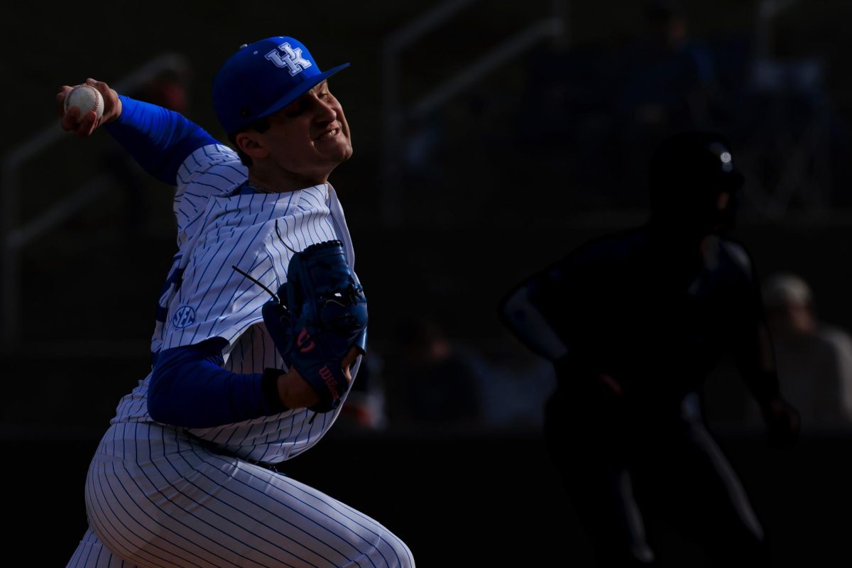 Kentucky Wildcats left-handed pitcher Leighton Smith (45) throws a pitch during the Kentucky vs. Morehead State baseball game on Wednesday, Feb. 26, 2025, in Kentucky Proud Park in Lexington, Kentucky. Photo provided by UK Athletics.