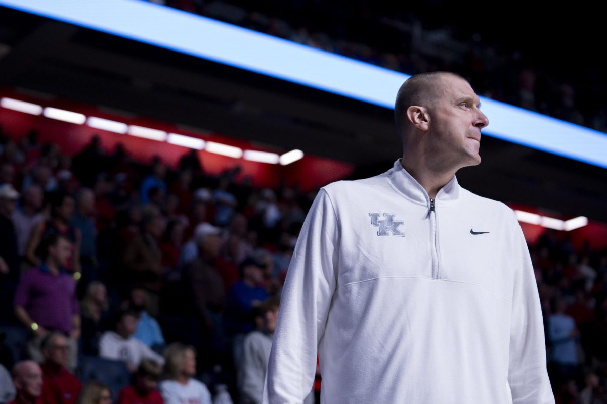 Kentucky Wildcats head coach Mark Pope watches as his team loses during the basketball game vs. Ole Miss on Tuesday, Feb. 4, 2025, at The Sandy and John Black Pavilion in Oxford, Mississippi. Photo by Christian Kantosky | Assistant Photo Editor