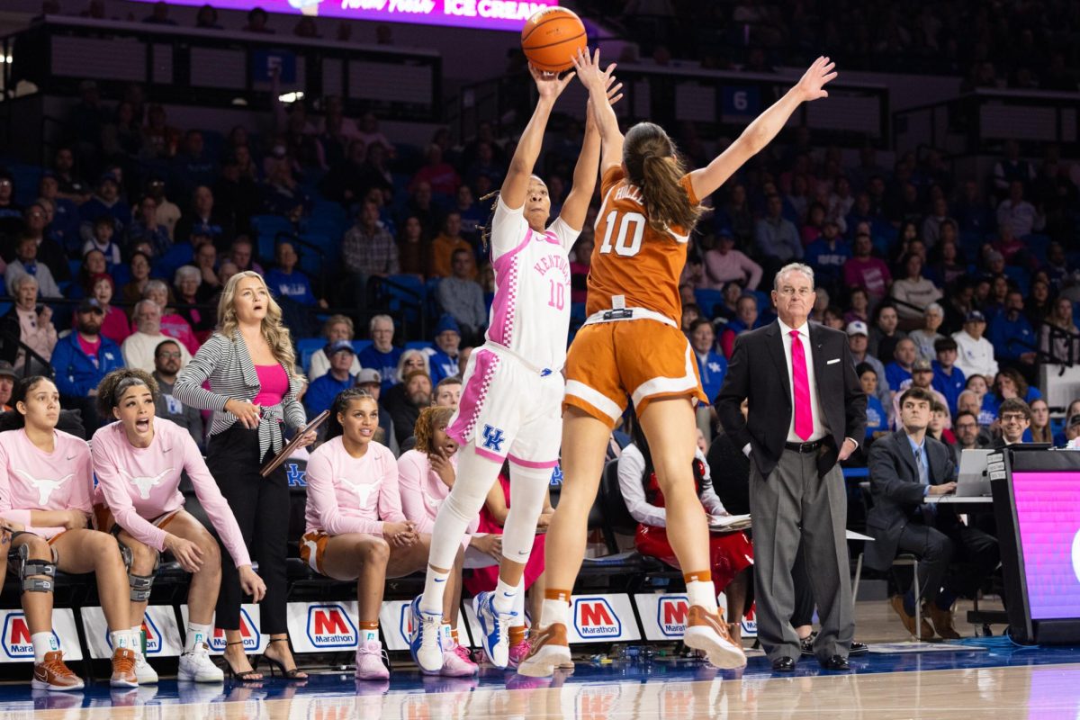 Kentucky Wildcats guard Dazia Lawrence (10) shoots a three point shot during the Kentucky vs Texas women’s basketball game on Thursday, Feb.13, 2025 at Historic Memorial Coliseum in Lexington,Kentucky. Kentucky lost 67-49. Photo by Sydney Yonker | Staff