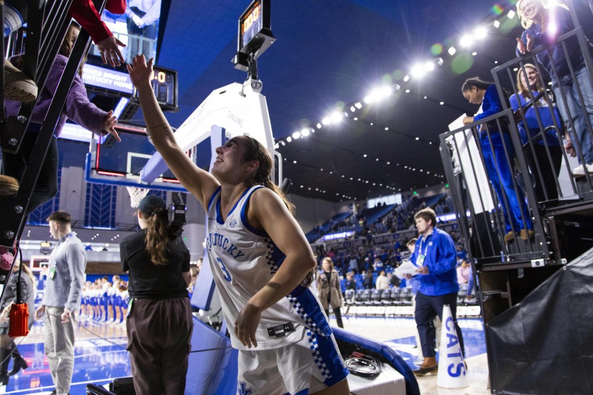 Kentucky Wildcats guard Georgia Amoore (3) shakes fan’s hands after the Kentucky vs. Georgia women’s basketball game on Sunday, Feb. 16, 2025, at Historic Memorial Coliseum in Lexington, Kentucky. Kentucky won 84-55. Photo by Christian Kantosky | Assistant Photo Editor