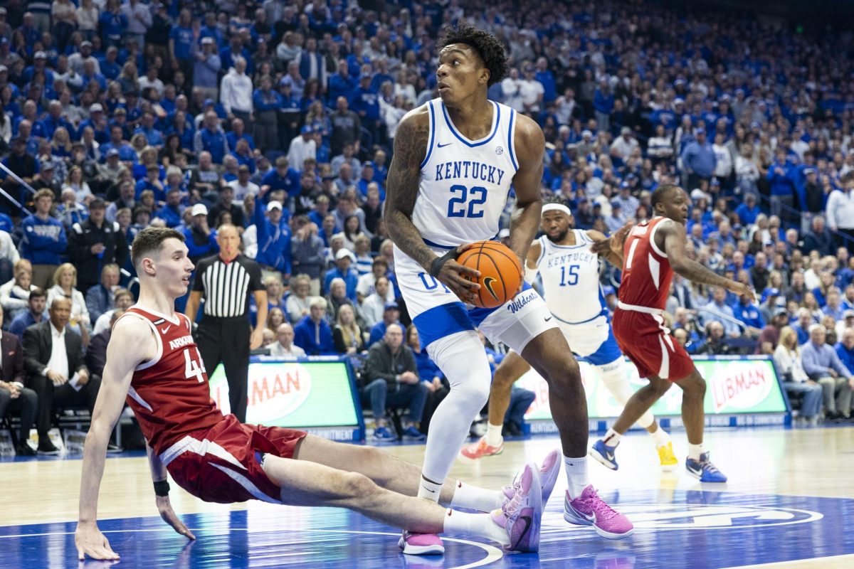 Kentucky Wildcats center Amari Williams (22) drops Arkansas Razorbacks forward Zvonimir Ivisic (44) to score in the post during the first half of the basketball game vs. Arkansas on Saturday, Feb. 1, 2025, at Rupp Arena in Lexington, Kentucky. Photo by Matthew Mueller | Photo Editor