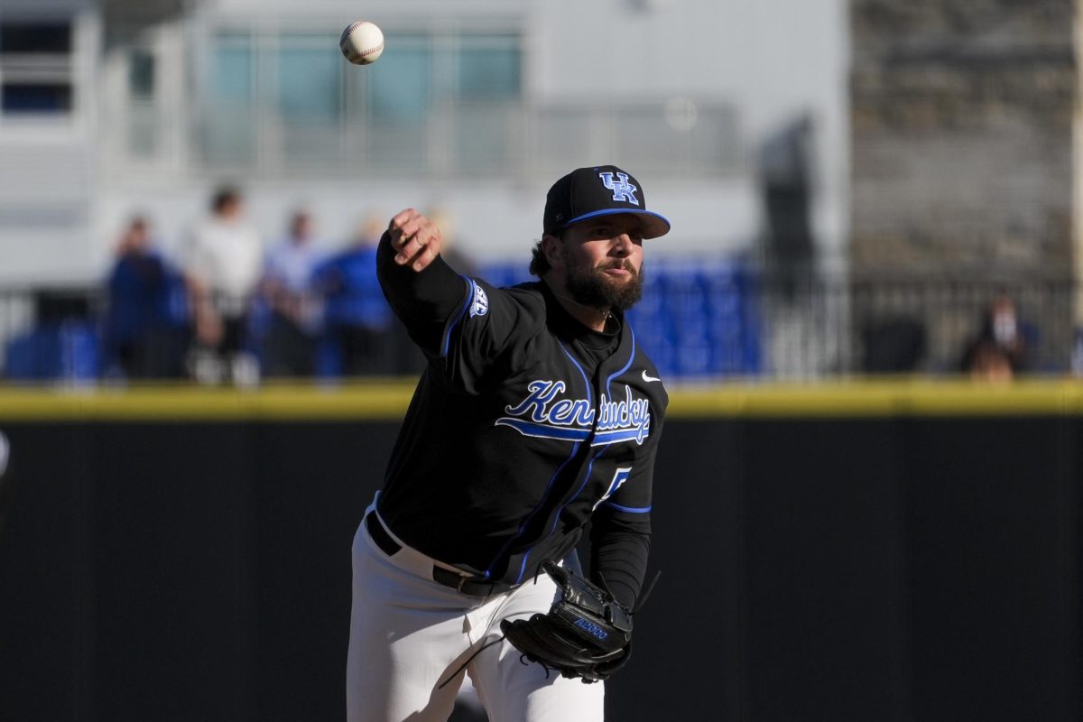 Kentucky pitcher Nic McCay (5) delivers a pitch to the batter during the baseball game vs. Hofstra on Friday, Feb. 28, 2025, at Kentucky Proud Park in Lexington, Kentucky. Kentucky won 7-5. Photo by Matthew Mueller | Photo Editor