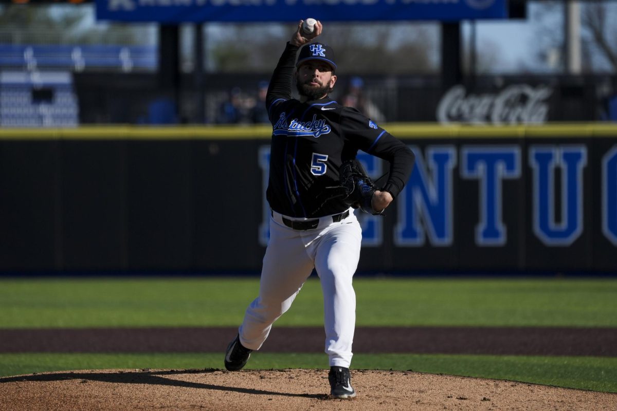 Kentucky pitcher Nic McCay (5) delivers a pitch to the batter during the baseball game vs. Hofstra on Friday, Feb. 28, 2025, at Kentucky Proud Park in Lexington, Kentucky. Kentucky won 7-5. Photo by Matthew Mueller | Photo Editor