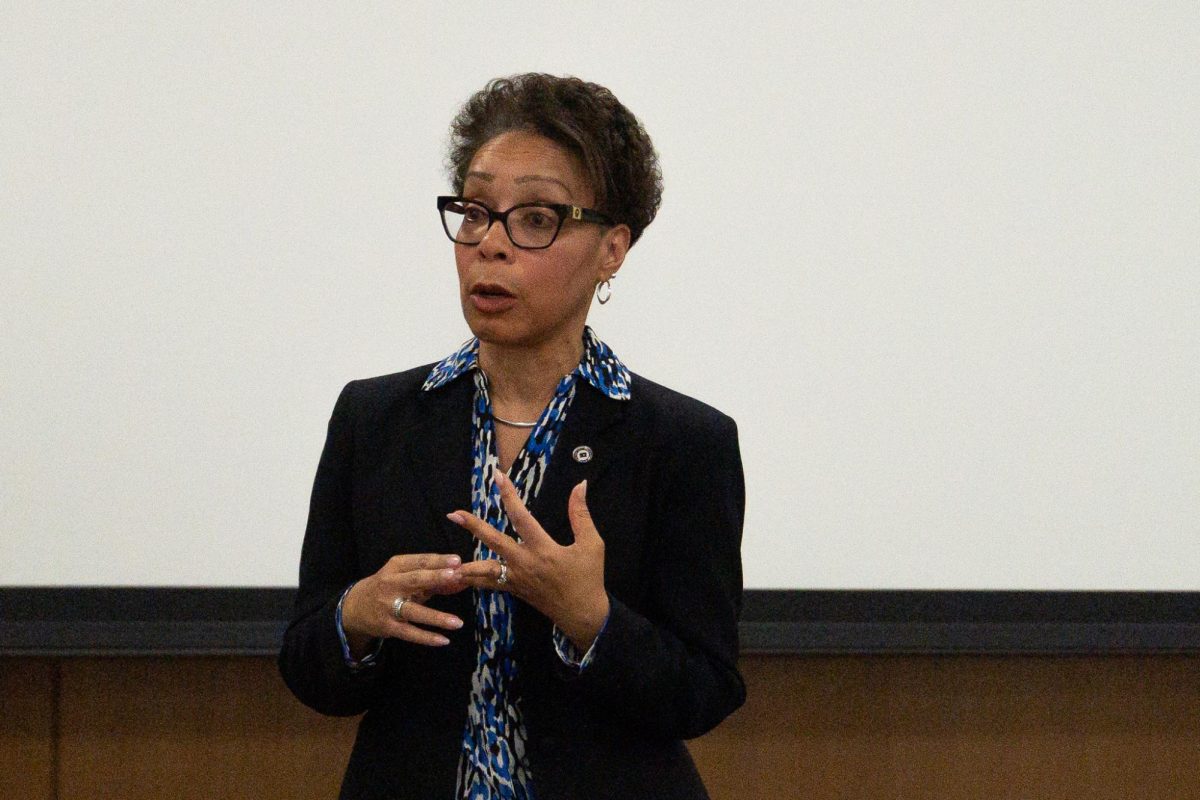 Pamela Goodwin, a justice for the Kentucky Supreme Court, speaks on her life experiences on Wednesday, Feb. 26, 2025, at the J. David Rosenberg College of Law, in Lexington, Kentucky. Photo by Greysun Niehaus | Staff