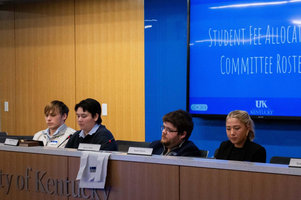 University of Kentucky Student Government Association (UKSGA) senate executive council members address the student fee allocation committee roster during a full senate meeting on Wednesday, Jan. 29, 2025, in the E. Britt Brockman Senate Chamber in the Gatton Student Center in Lexington, Kentucky. Photo by Hannah Piedad | Staff