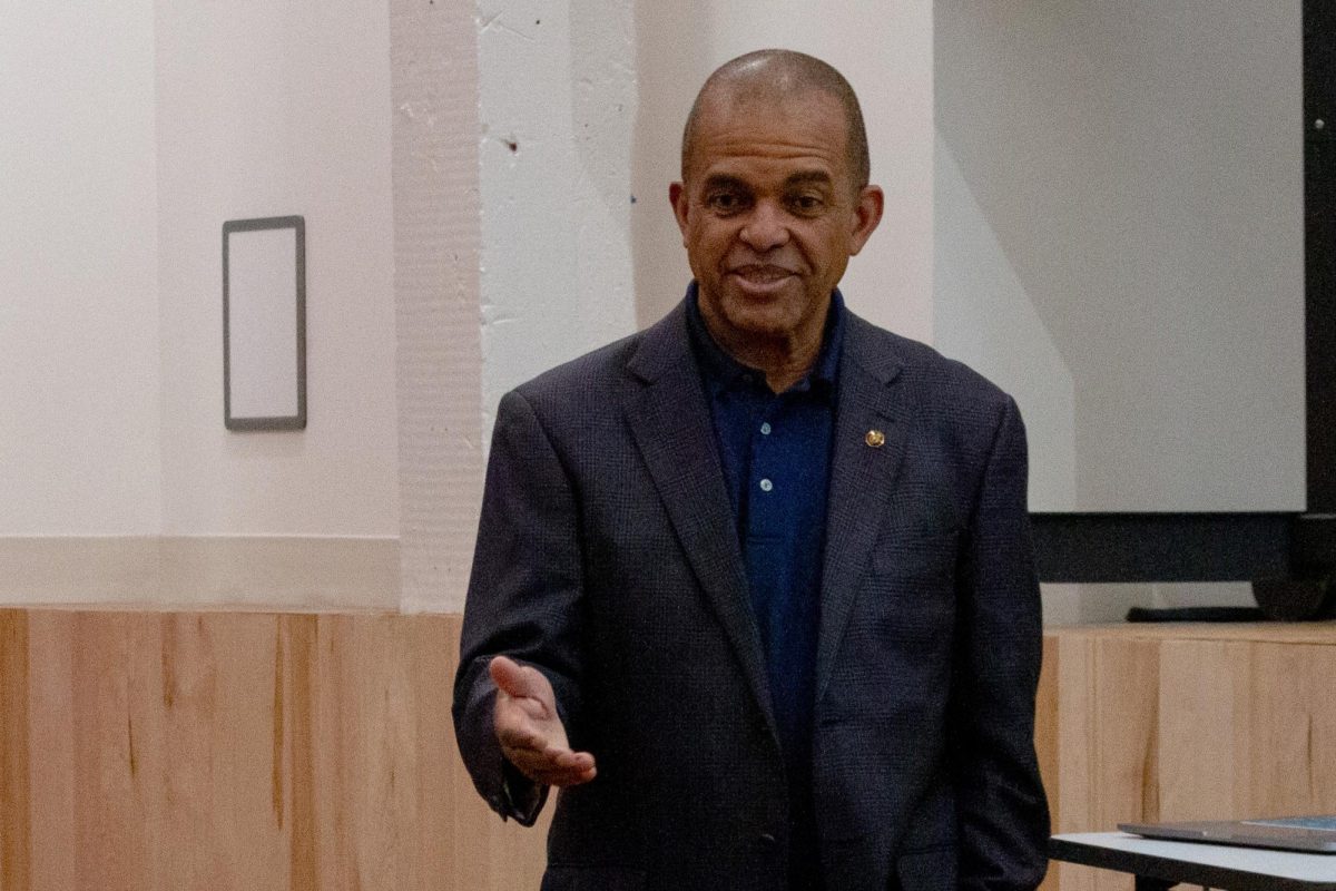 Randall Vaughn, the vice president of architecture at Gray Construction, talks to students during an event hosted by the University of Kentucky's chapter of the National Organization of Minority Architecture Students on Monday, Feb. 10, 2025, at the Gray Design Building in Lexington, Kentucky. Photo by Hannah Piedad | Staff