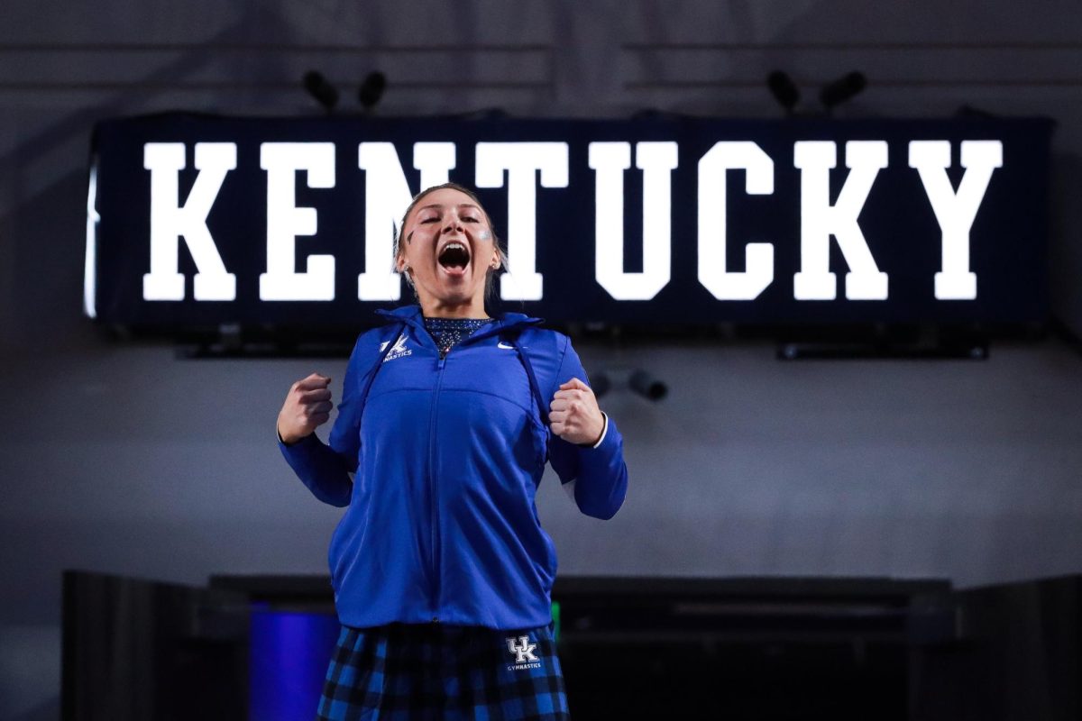 University of Kentucky Gymnast Skyler Killough-Wilhem marched out during the Kentucky vs. Louisiana State women's gymnastics meet on Feb. 21, 2025 at Historic Memorial Coliseum in Lexington, Kentucky. Kentucky lost 197.200-197.075. Photo by Cara Raiford | Staff