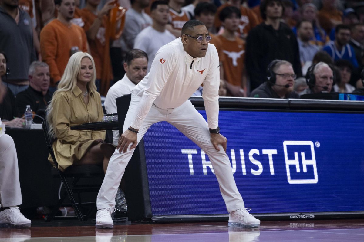 Texas Longhorns head coach Rodney Terry watches his players while they’re on defense during the basketball game vs. Texas on Saturday, Feb. 15, 2025, at The Moody Center in Austin, Texas. Texas won 82-78. Photo by Matthew Mueller | Photo Editor