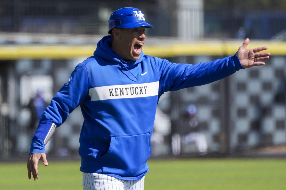 Kentucky head coach Nick Mingione argues with an official's call during the baseball game vs. Hofstra on Sunday, Mar. 2, 2025, at Kentucky Proud Park in Lexington, Kentucky. Kentucky won 9-1. Photo by Matthew Mueller | Photo Editor