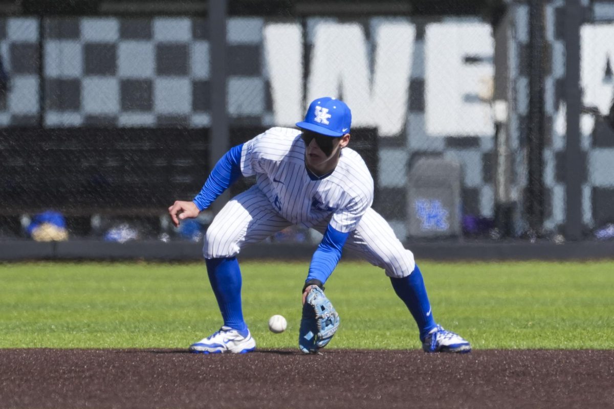 Kentucky infielder Tyler Bell (6) fields a ball that was hit to him during the baseball game vs. Hofstra on Sunday, Mar. 2, 2025, at Kentucky Proud Park in Lexington, Kentucky. Kentucky won 9-1. Photo by Matthew Mueller | Photo Editor