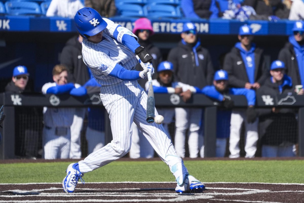 Kentucky infielder Patrick Herrera (1) hits the ball during the baseball game vs. Hofstra on Sunday, Mar. 2, 2025, at Kentucky Proud Park in Lexington, Kentucky. Kentucky won 9-1. Photo by Matthew Mueller | Photo Editor