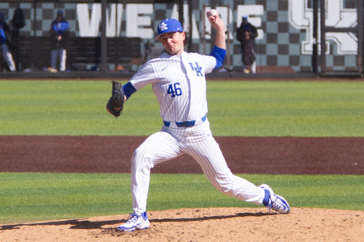 Kentucky Wildcats pitcher Ethan Walker (46) throws the first pitch of the Kentucky vs. Hofstra baseball game on Sunday, Mar. 2, 2025, at Kentucky Proud Park. Kentucky won 9-1. Photo my Greysun Niehaus | Staff
