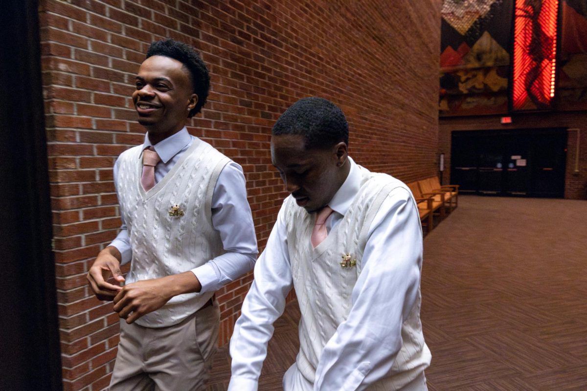 Leonardo Johnson, a marketing sophomore, and Russell Van Liew IV, a business and marketing sophomore, walk to the main stage for the first time during the Mr. Ivy Pageant presented by Alpha Kappa Alpha on Friday, Feb. 28, 2025, at Otis A. Singletary Center for the Arts in Lexington, Lexington. Photo by Sydney Novack | Staff