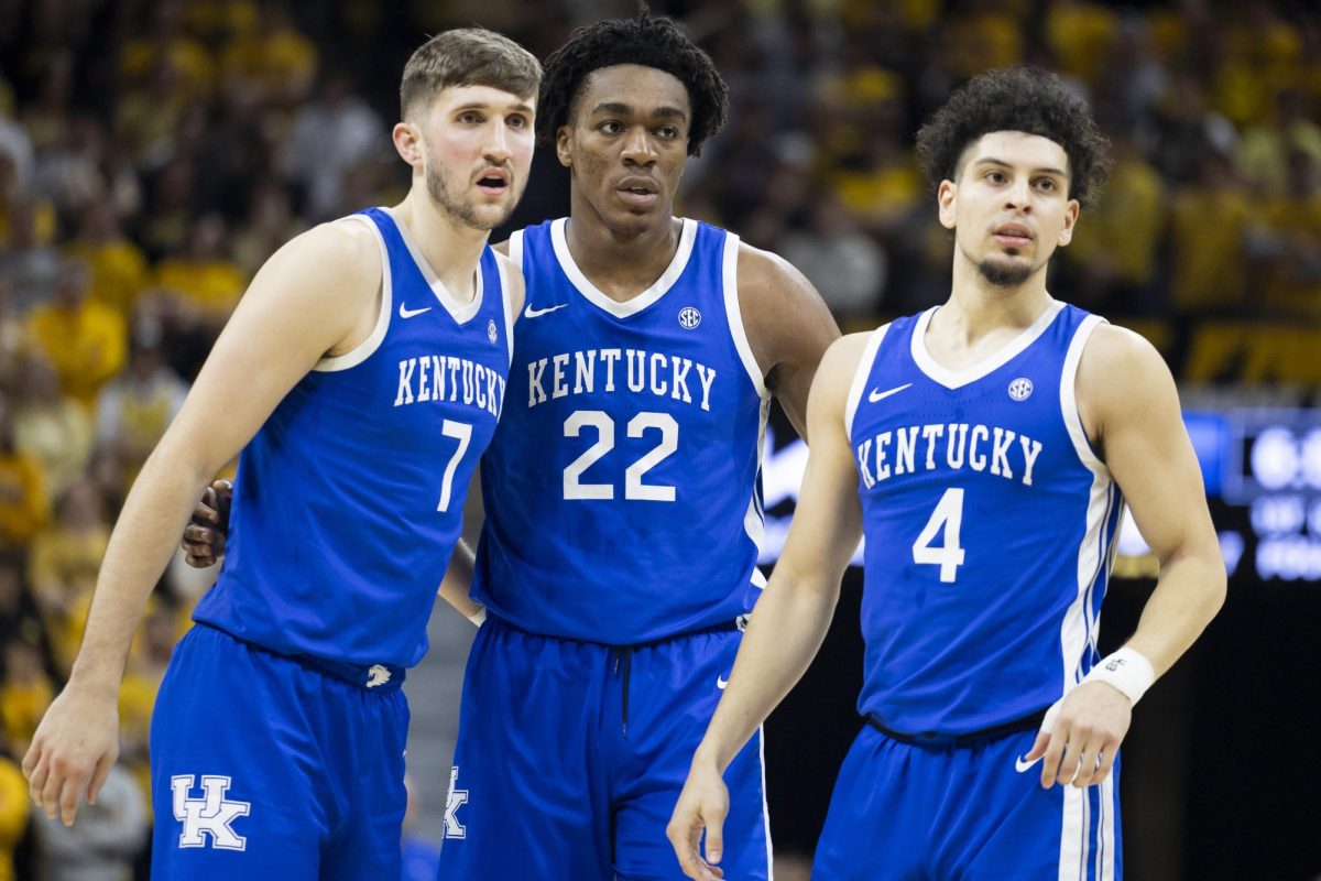 Kentucky Wildcats forward Andrew Carr (7) Kentucky Wildcats center Amari Williams (22) and Kentucky Wildcats guard Koby Brea (4) look down the court after a timeout ended during the basketball game vs. the Missouri Tigers on Tuesday, March. 8, 2025, at Mizzou Arena in Columbia, Missouri. Kentucky won the game 91-83. Photo by Matthew Mueller | Photo Editor