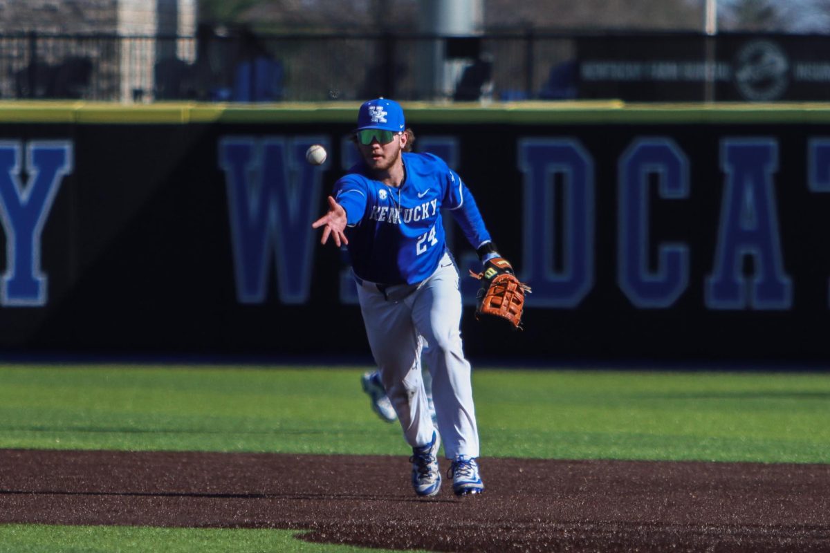 University of Kentucky Wildcats infielder Dylan Koontz (24) tosses the ball during the baseball game vs. Wofford on Saturday, March 8, 2025, at Kentucky Proud Park in Lexington, Kentucky. Kentucky lost 12-5 Photo by Cara Raiford | Staff