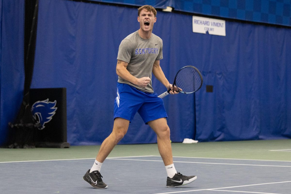 Kentucky Wildcats Martin Breysach celebrates during the Kentucky vs South Carolina men’s tennis match on Sunday, Mar. 2, 2025 at Hilary J. Boone Tennis Center in Lexington, Kentucky. Kentucky won 4-2. Sydney Yonker | Staff