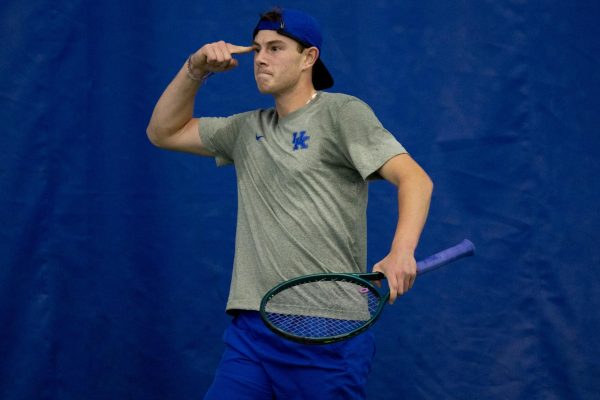 Kentucky Wildcats Matt Rankin celebrates a point during the Kentucky vs South Carolina men’s tennis match on Sunday, Mar. 2, 2025 at Hilary J. Boone Tennis Center in Lexington, Kentucky. Kentucky won 4-2. Sydney Yonker | Staff